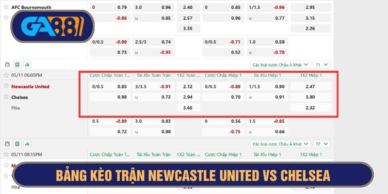 Bảng kèo chi tiết trận Newcastle United vs Chelsea 18h00 ngày 11/05/2025