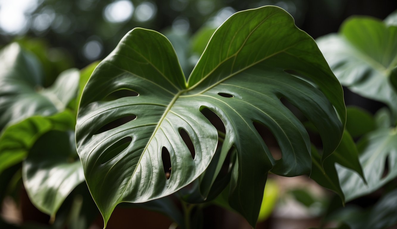 Lush green leaves of Philodendron Glorious contrast with the velvety texture of Gloriosum. Both plants share a similar heart-shaped leaf structure, but Gloriosum's leaves are more matte and velvety in appearance