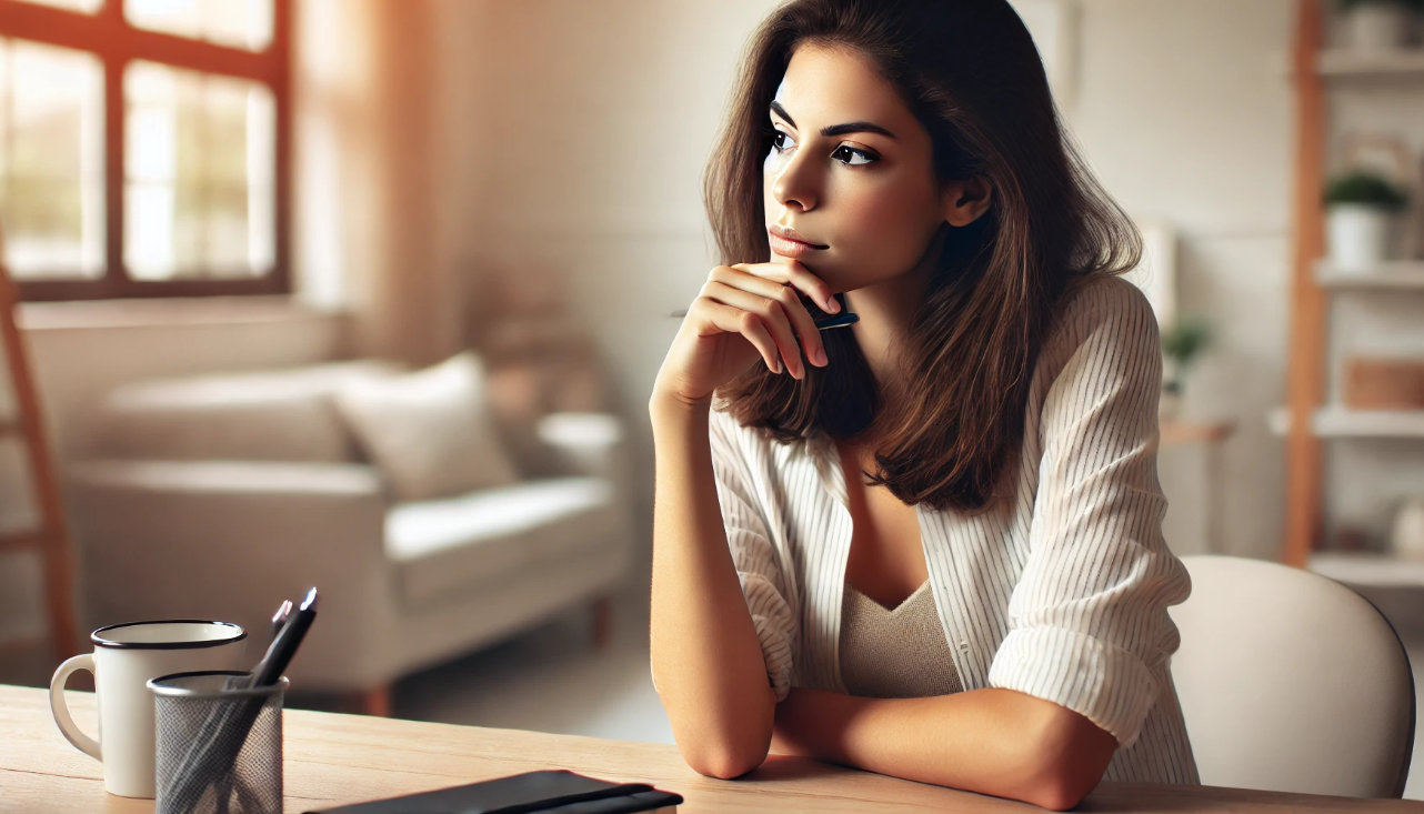 A young woman sits at a desk, holding a pen and gazing thoughtfully. A cozy, sunlit living space with a sofa and shelves is blurred in the background.
