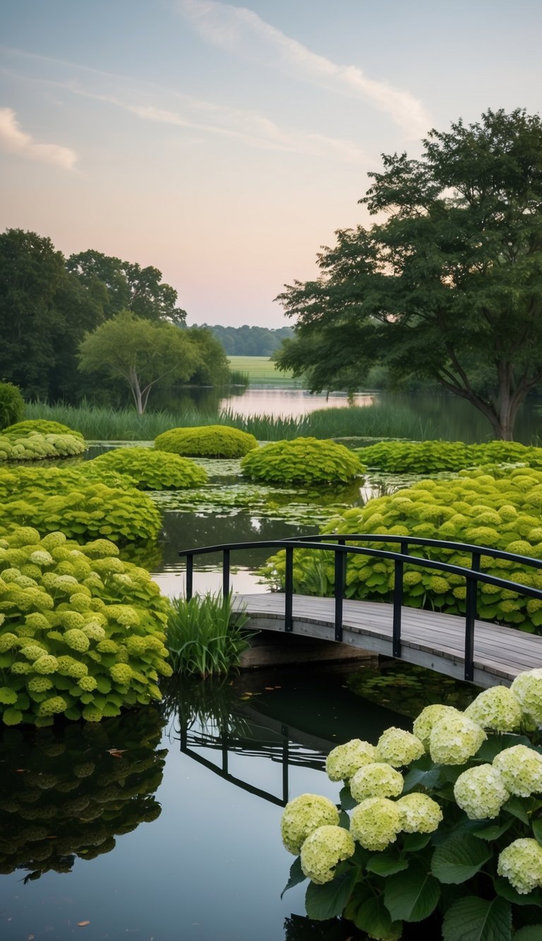 A tranquil pond surrounded by lush hydrangea bushes, with a bridge crossing over the water and a serene landscape in the background