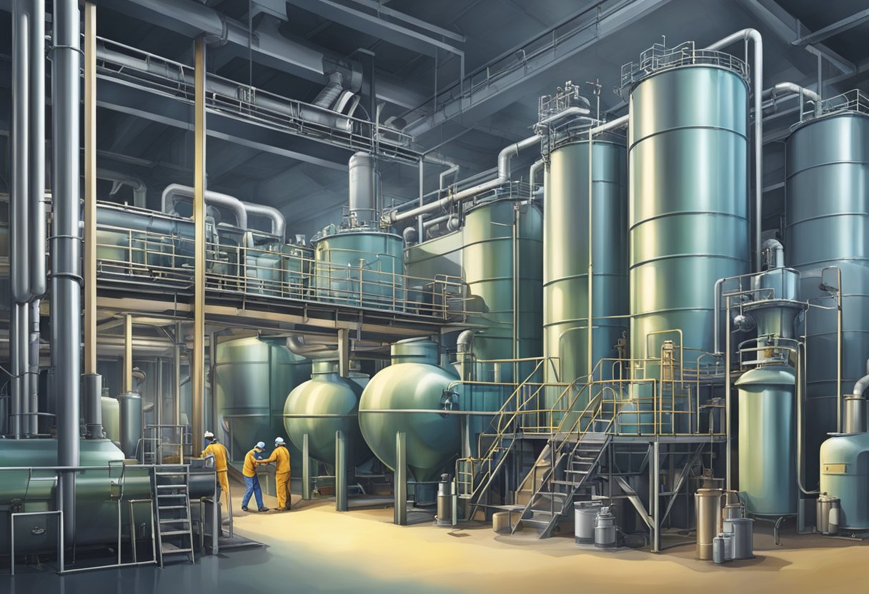 A factory in India produces 1-Acetyl Naphthalene, with workers operating machinery and large vats of chemicals