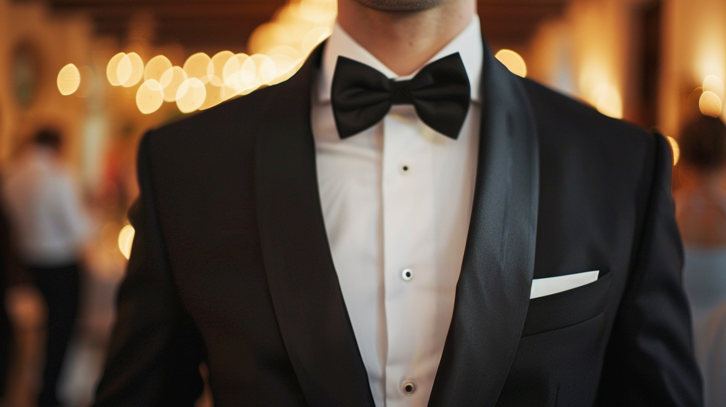 Man in a single-breasted black tuxedo with satin lapels, one row of buttons, tailored fit, wearing a white dress shirt and black bow tie, standing confidently at a formal evening event