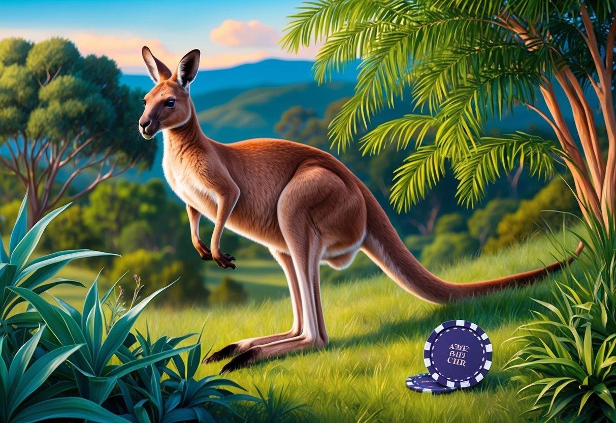 A kangaroo hopping through a lush Australian landscape, with a casino chip nestled among native flora