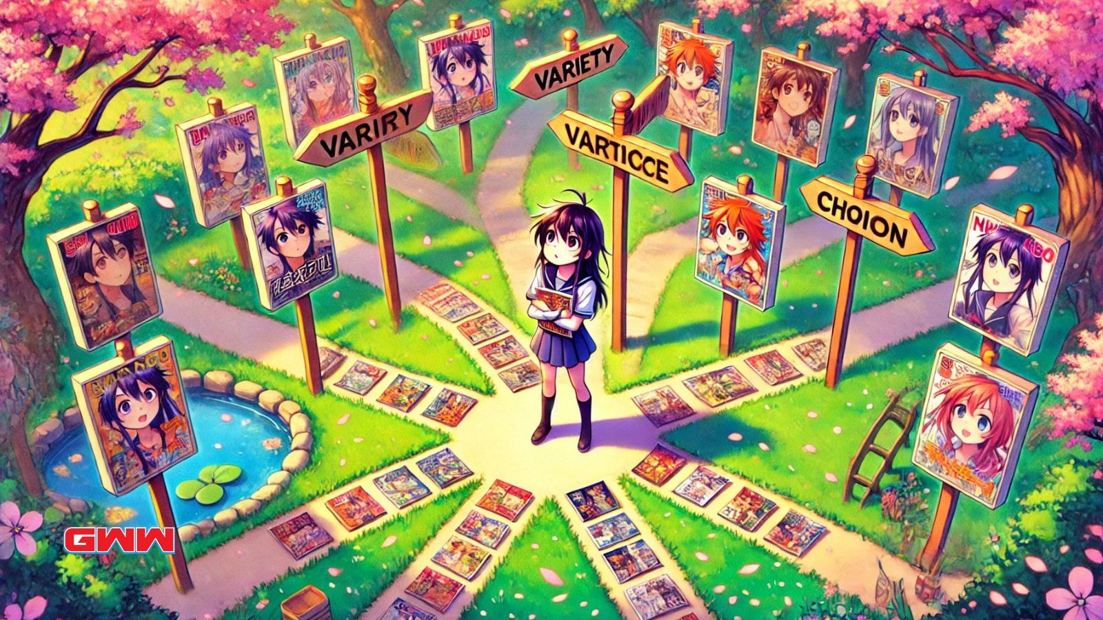 Anime girl at crossroads choosing manga from vibrant park paths.