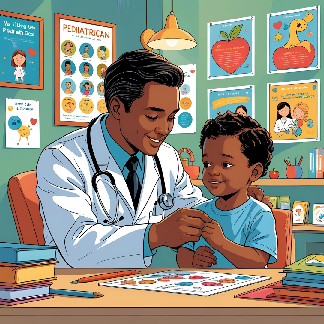 A smiling pediatrician using a stethoscope to examine a cheerful young boy in a colorful clinic filled with educational posters and children's books.