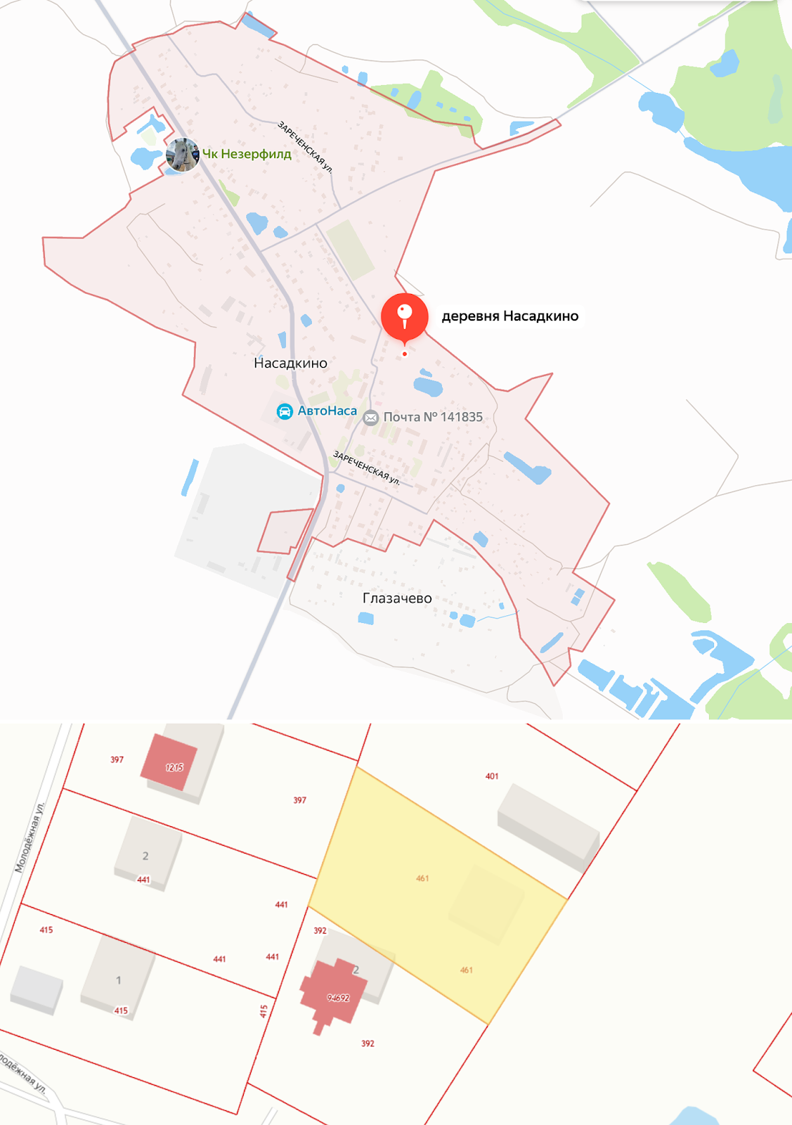 Карта посёлка и расположение участка на кадастровой карте