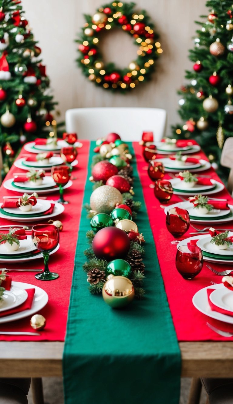 A festive table with a red and green table runner, surrounded by Christmas decor and ornaments