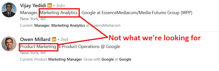 Two LinkedIn users that have red boxes over keywords. Showing what not to search.