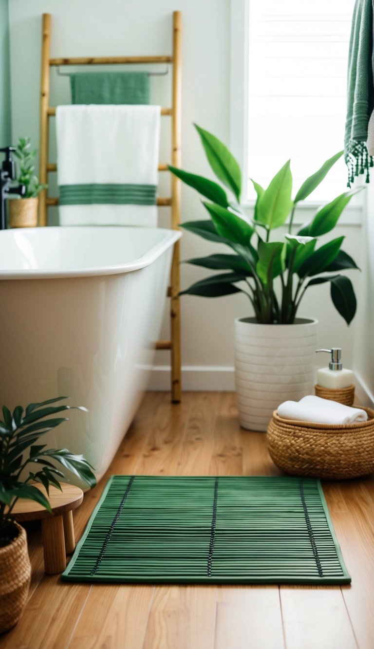 A bamboo bath mat in a modern, green-themed bathroom with matching accessories and plants