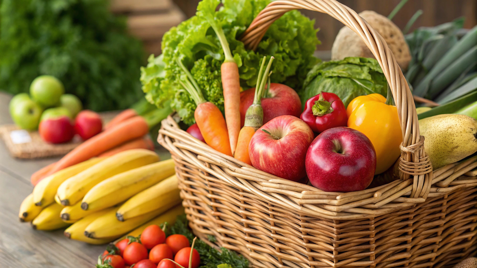 Cesta com frutas, verduras e legumes frescos