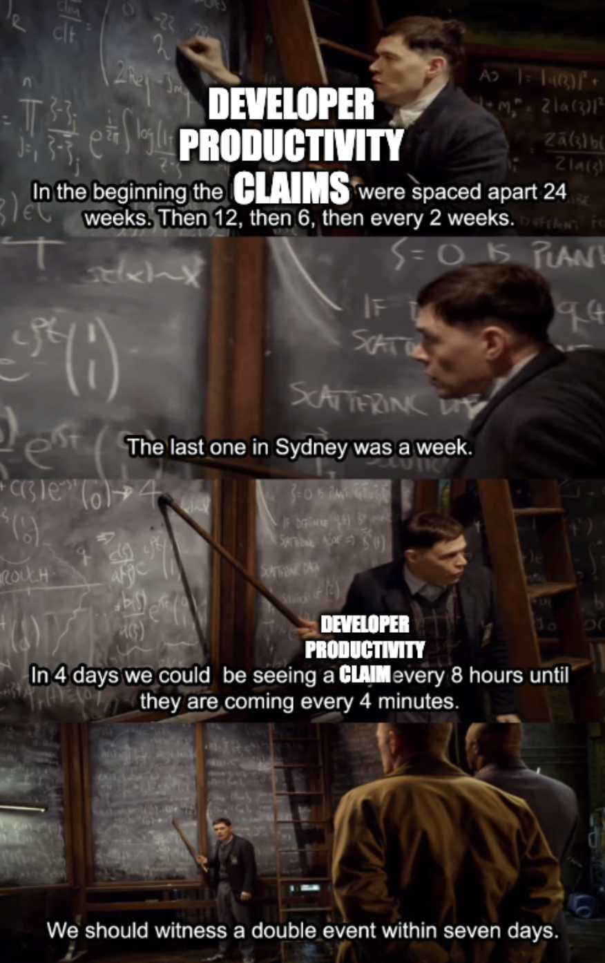 A meme from Pacific Rim shows the scientist character estimating that attacks will increase exponentially, "Developer Productivity claims" is superset above the text to make the joke that claims about developer productivity are increasing exponentially