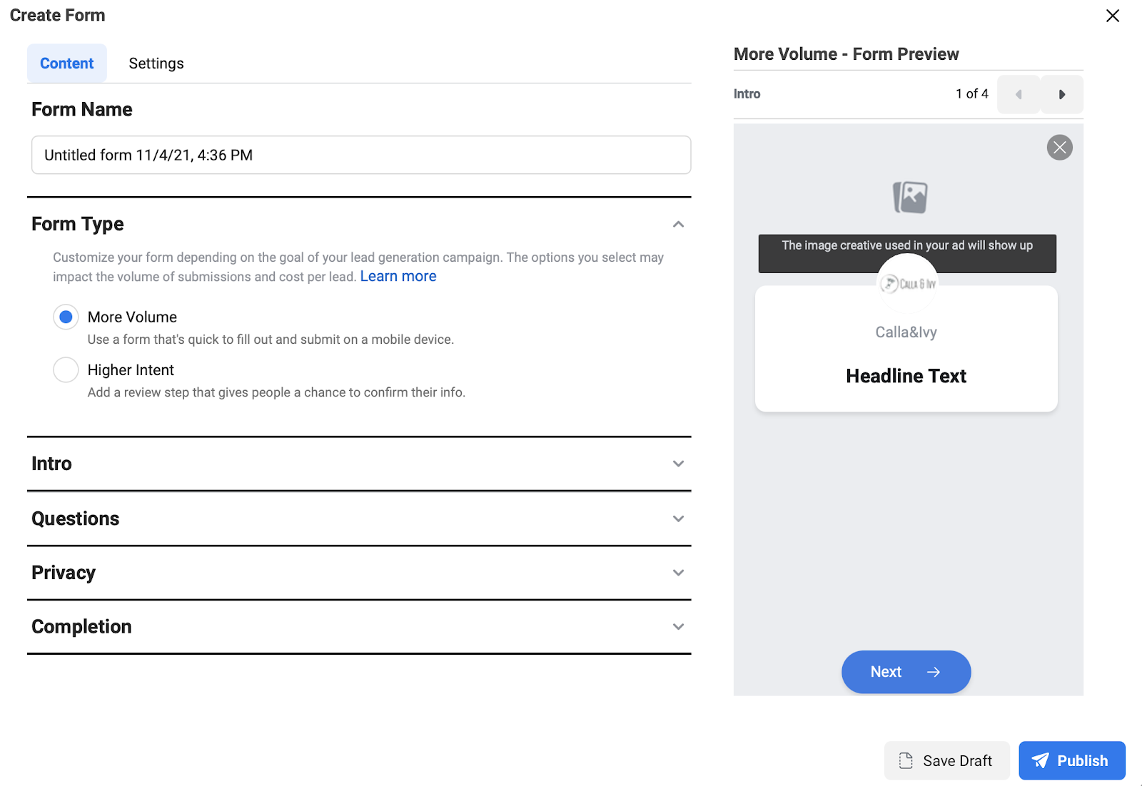 Facebook Lead ad form type