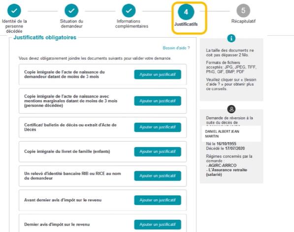 capture d'écran de la page Transmission des justificatifs