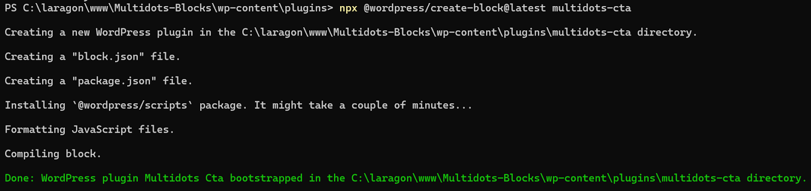 Running the create-block tool in the terminal to scaffold a block plugin.