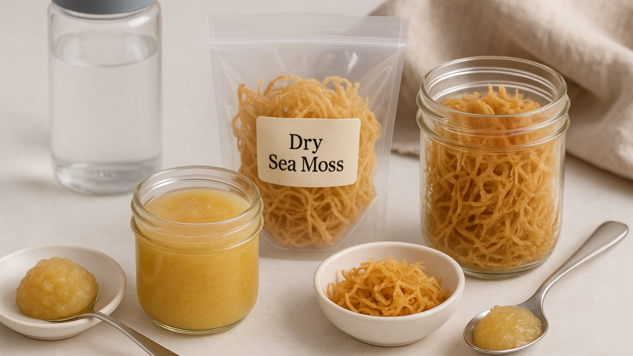 Dry sea moss and sea moss gel in jars and bowls