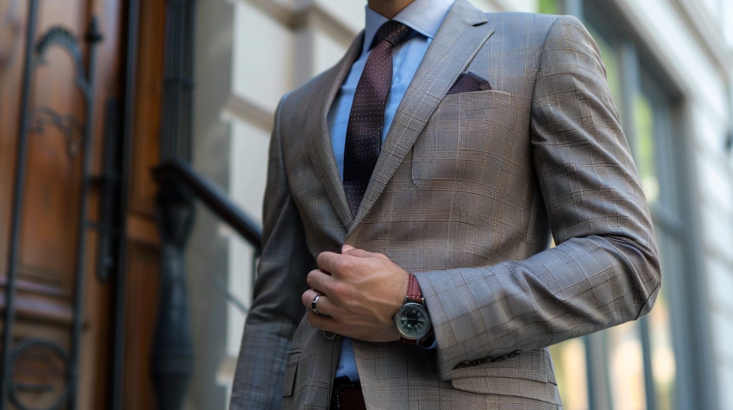 Man in a classic fit suit with a roomier cut, traditional styling for comfort, shown in a business or formal setting with a conservative tie and polished shoes.
