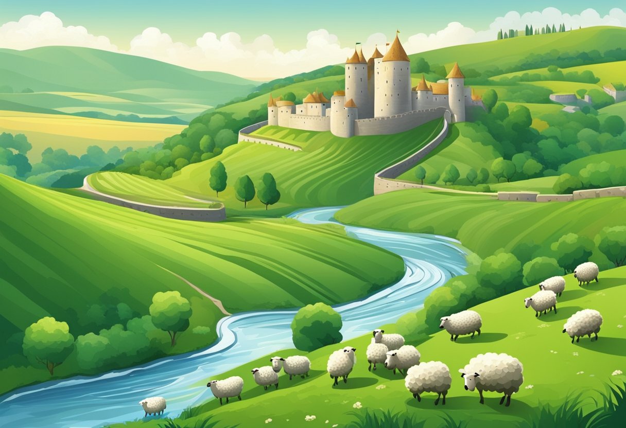 Rolling green hills with stone walls, dotted with sheep and old castles. A winding river flows through the countryside, leading to a quaint village