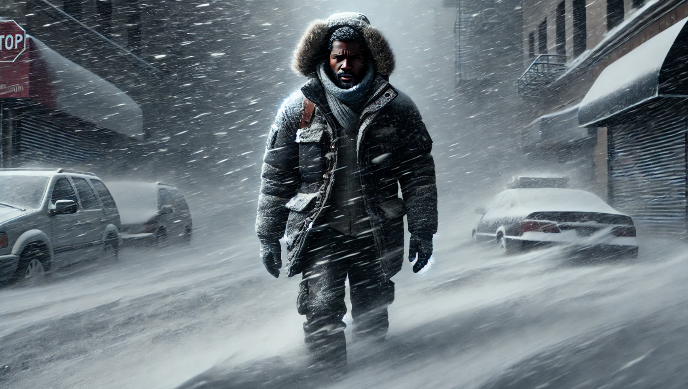 A man in heavy winter gear, including a fur-lined hood and a thick coat, trudges through a snow-covered city street during a severe blizzard. His face is determined and weathered as he braces against the harsh wind and swirling snow. Parked cars and buildings are partially buried in snow, emphasizing the extreme cold and challenging conditions of the environment.