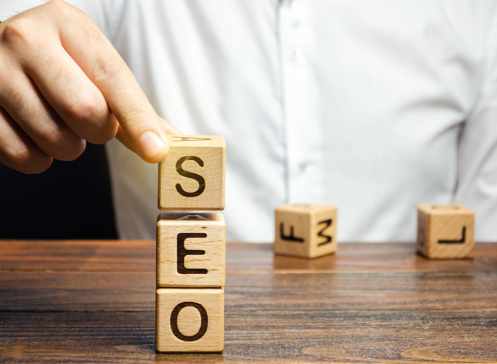 SEO spelled using wooden word blocks