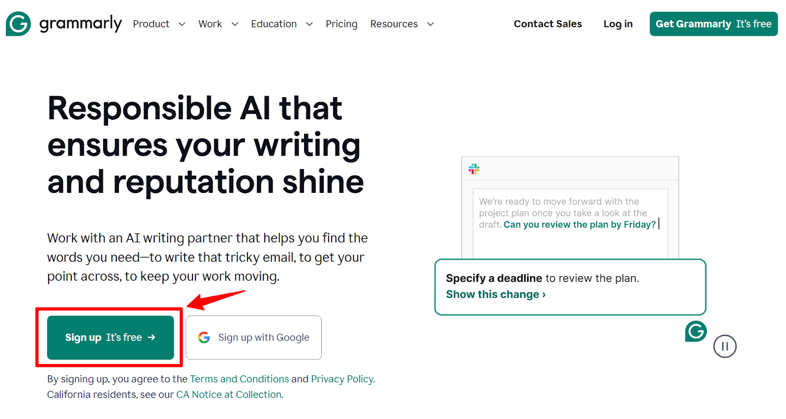 Grammarly homepage promoting its AI writing tool. Text reads, 'Responsible AI that ensures your writing and reputation shine.' Highlighted 'Sign up It's free' button