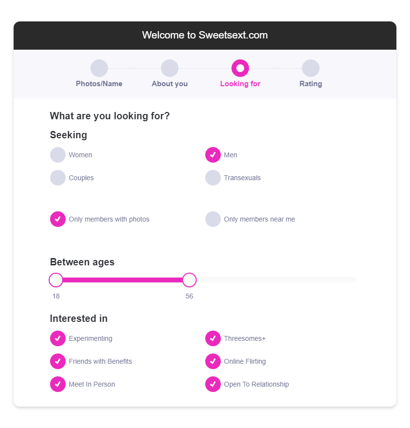 The "looking for" section on SweetSext.