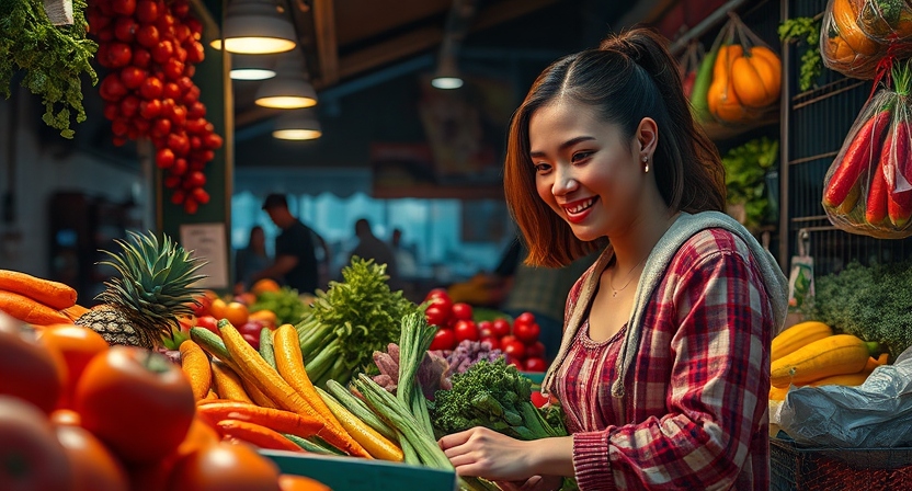 A girl at a farmers’ market stall, selecting colorful produce together, vibrant colors, cheerful atmosphere.