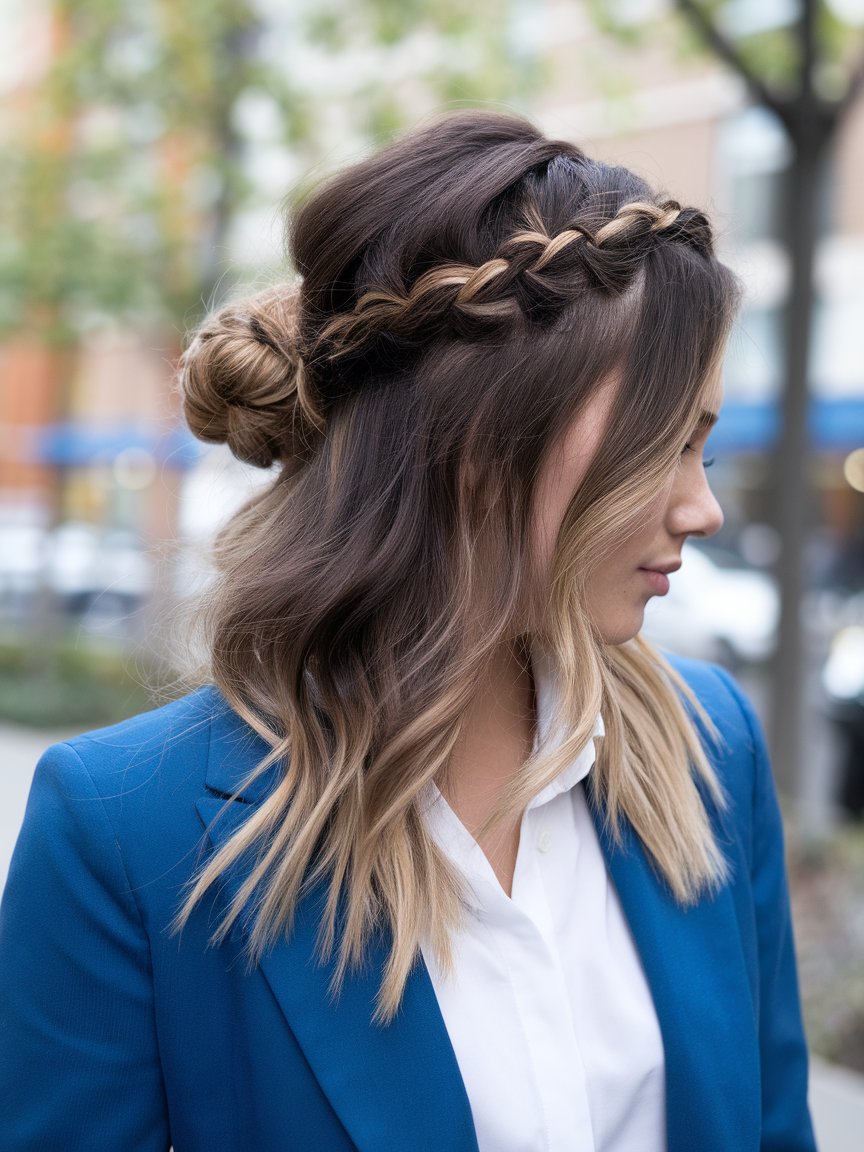 23. Half-Up Braided Bun with Loose Curls