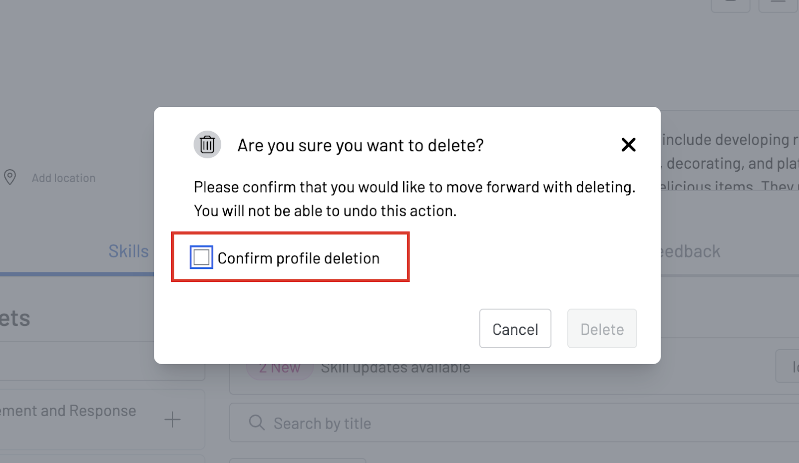 Screenshot of a confirmation modal that will pop up after you click on the delete button.