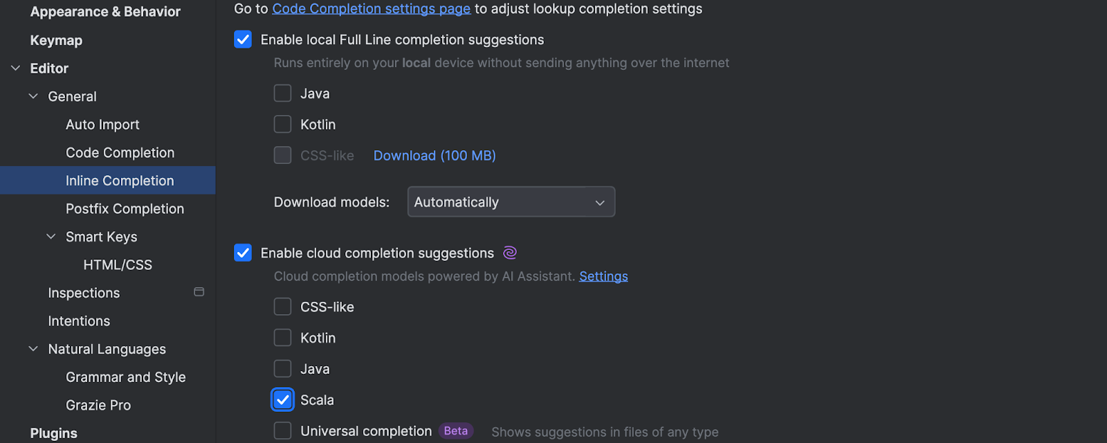 The Settings view with a checkbox for cloud completion suggestions for Scala