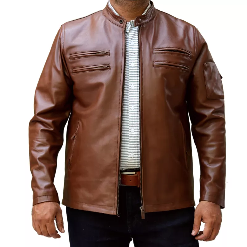 A brown leather jacket especially designed for men for casual purpose.