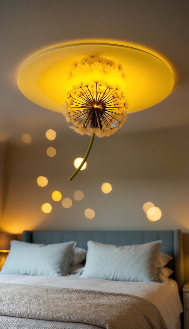 A cozy bedroom with a dandelion-shaped ceiling light casting a warm yellow glow, creating a serene and inviting atmosphere