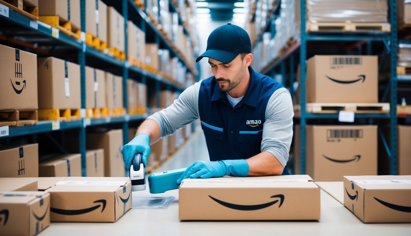 A warehouse worker processes a removal order, scanning and packing items for return, with Amazon inventory shelves in the background