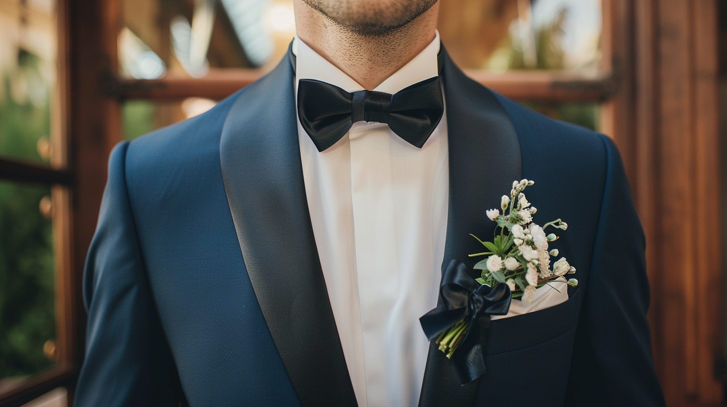 Man in a tuxedo-inspired suit with satin lapels, black or deep blue jacket, formal shirt and bow tie, semi-formal wedding atmosphere with upscale decor. Stylish and in-between formal and classic.