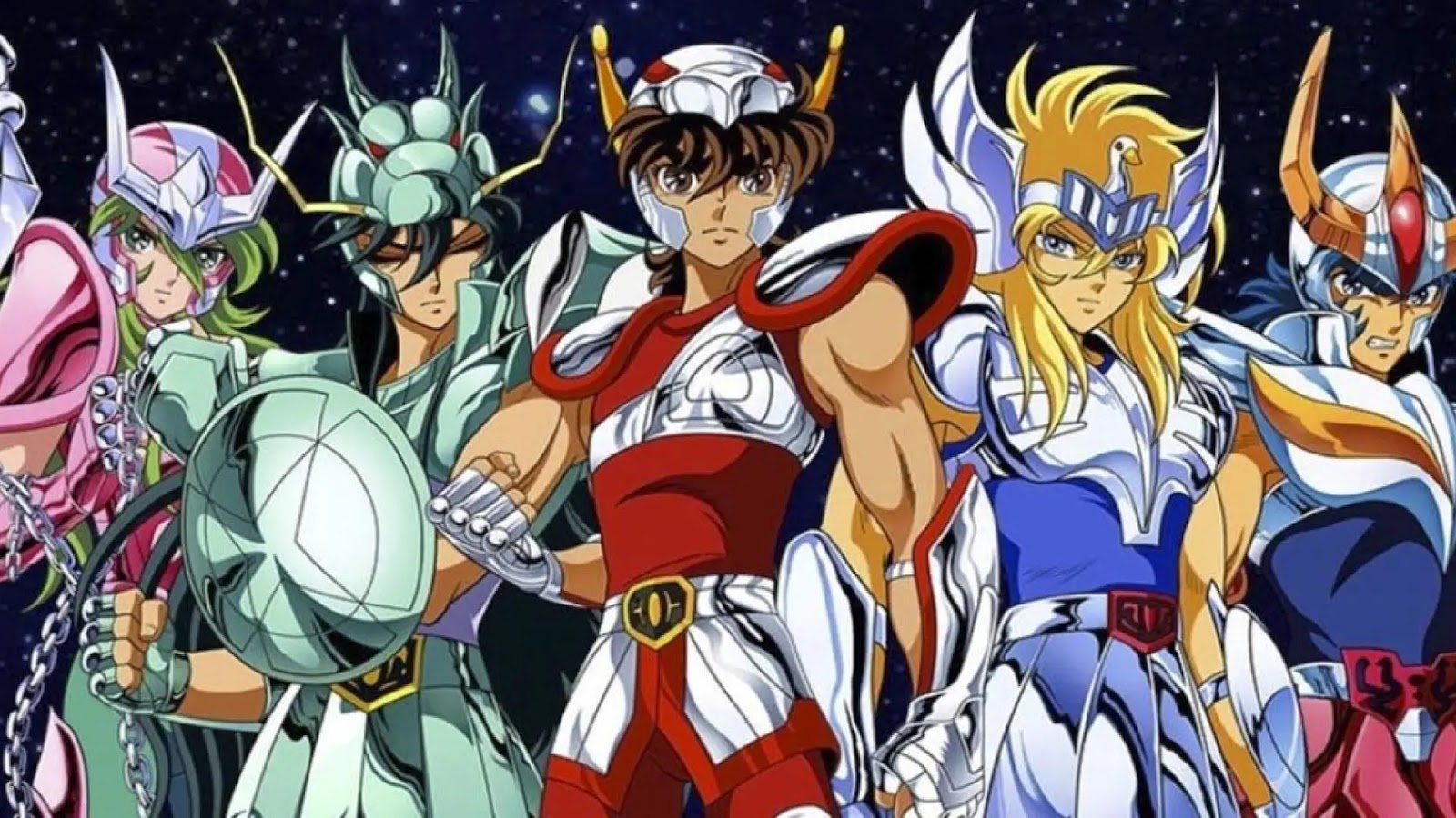 Caballeros del Zodiaco de Saint Seiya, incluyendo a Seiya de Pegaso, Shiryu de Dragón, Hyoga de Cisne, Shun de Andrómeda e Ikki de Fénix, en poses heroicas con armaduras brillantes.