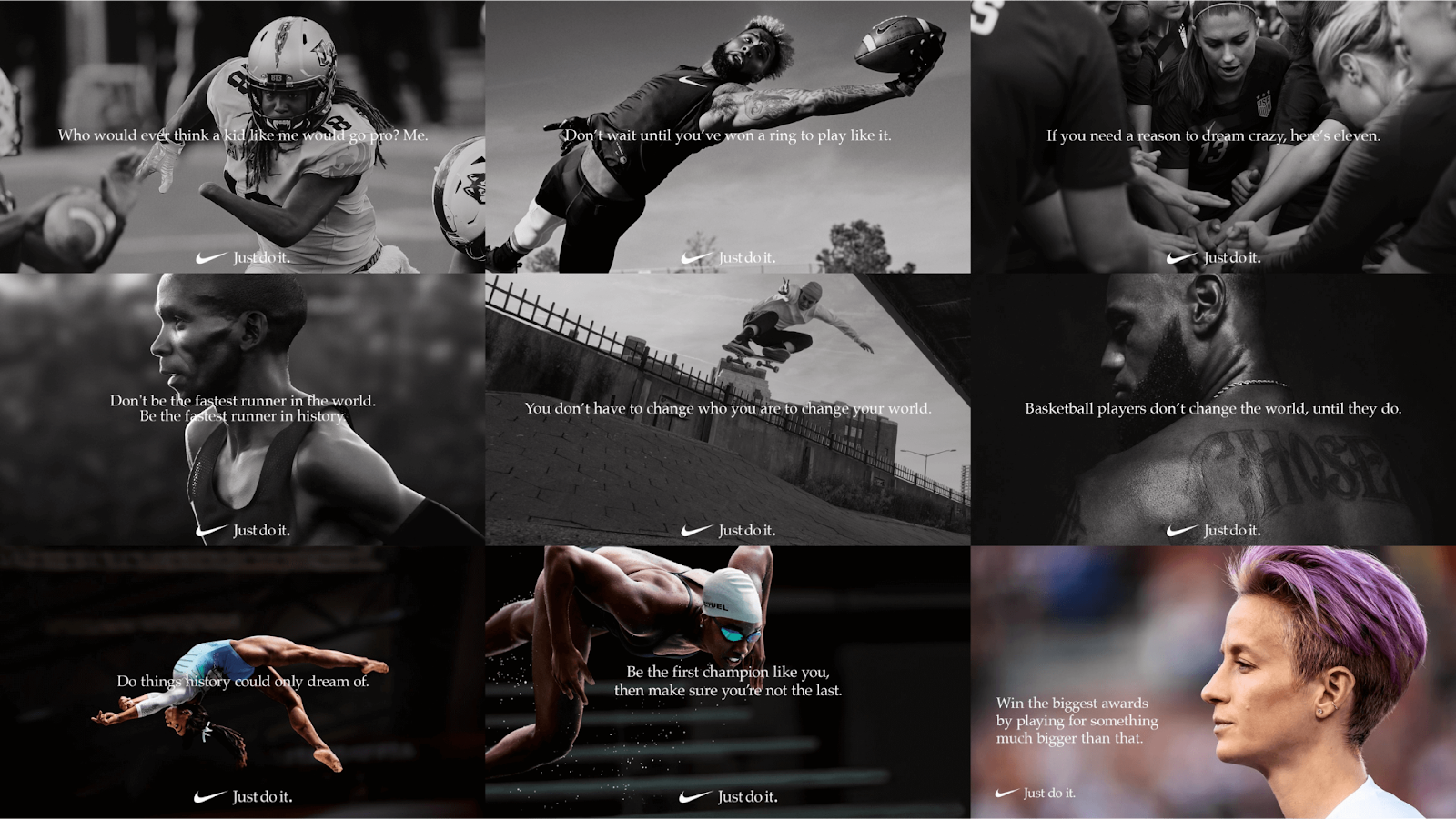 Motivačné reklamy Nike „Just do it“ s rôznymi športovcami a inšpiratívnymi odkazmi.