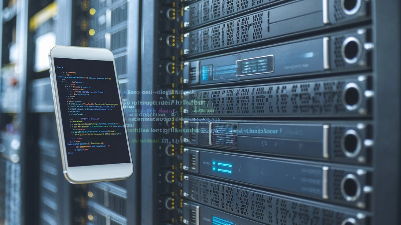 A smartphone and server stack connected by Java code, highlighting Java’s strength in enterprise apps and Android development.