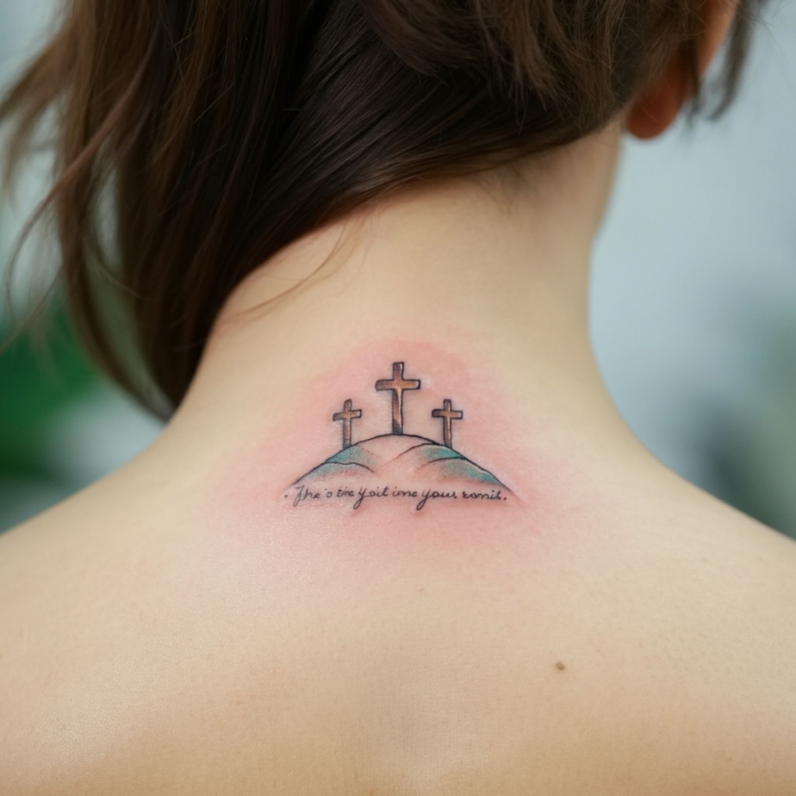 Three Crosses on a Hill with a Bible Verse Tattoo
