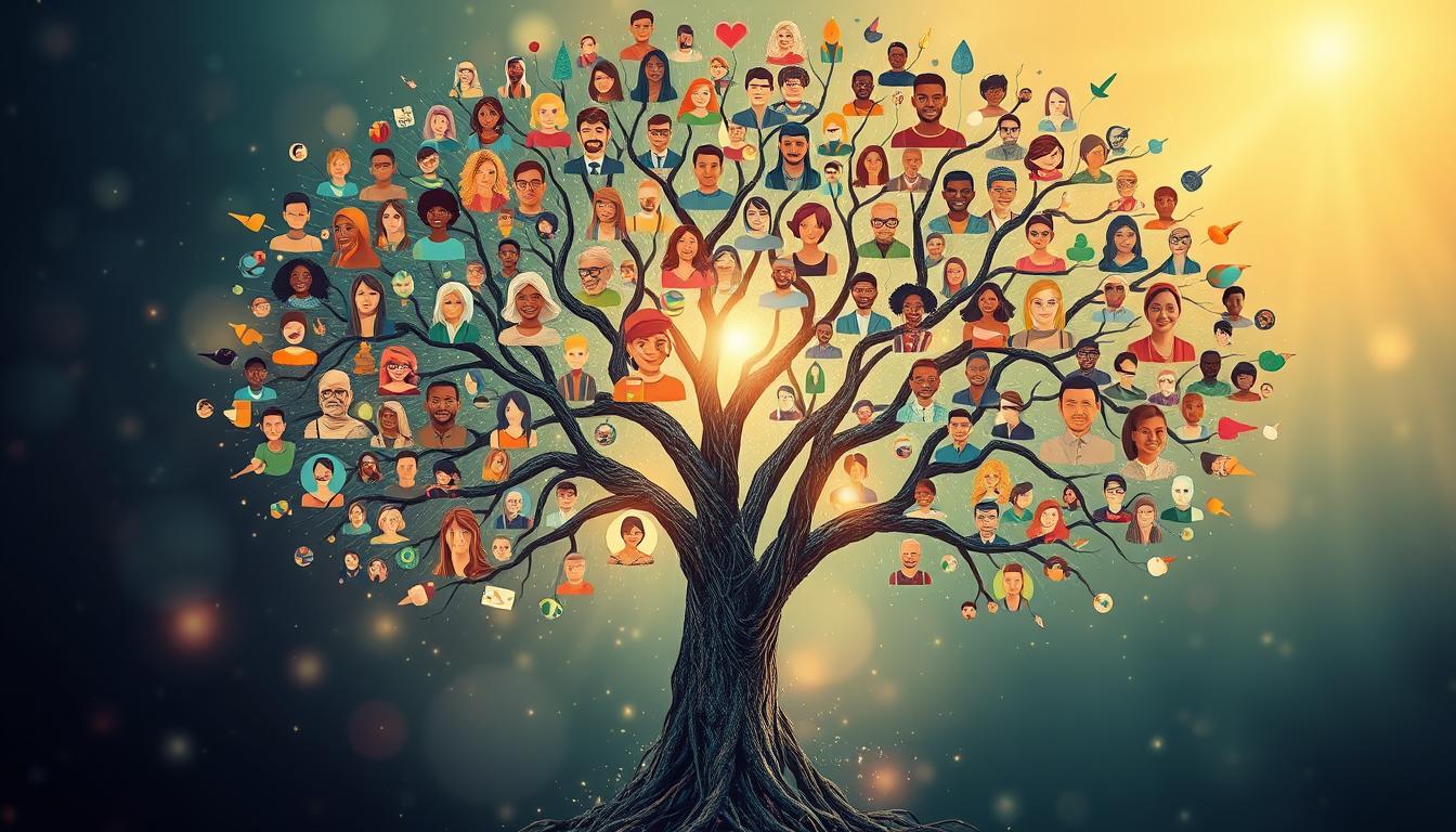 An image of a tree with branches connected to different parts of the world, representing a global support network. The branches should be filled with various people, each unique in appearance but all radiating warmth and positivity. The tree should be surrounded by a bright and colorful world, with each person connected to it in their own way. Show the interconnectivity of the world and how everyone can help support each other through life changes such as a break up.