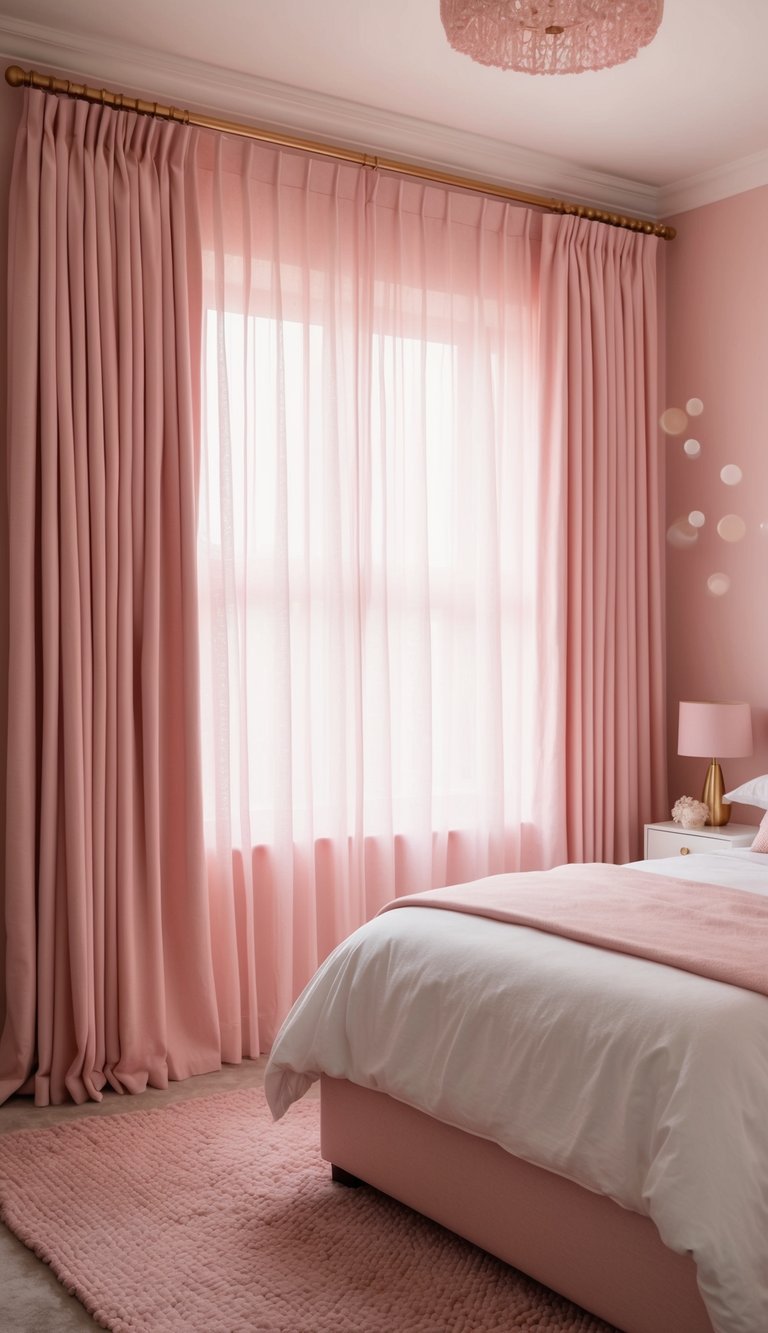 Pastel pink curtains frame a cozy bedroom with soft pink decor