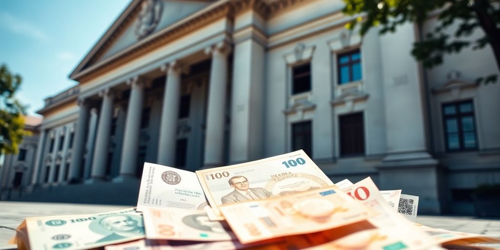 Central bank building with international currency.