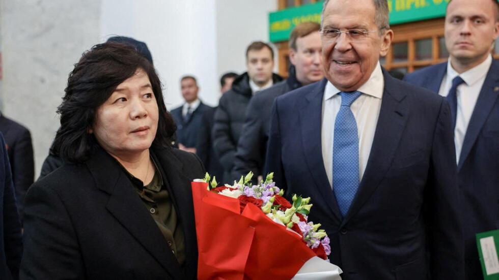 Russian Foreign Minister Sergei Lavrov welcomes his North Korean counterpart Choe Son Hui, in Moscow, Russia, November 1, 2024.   Russian Foreign Ministry/Handout via REUTERS ATTENTION EDITORS - THIS IMAGE HAS BEEN SUPPLIED BY A THIRD PARTY. NO RESALES. NO ARCHIVES. MANDATORY CREDIT.