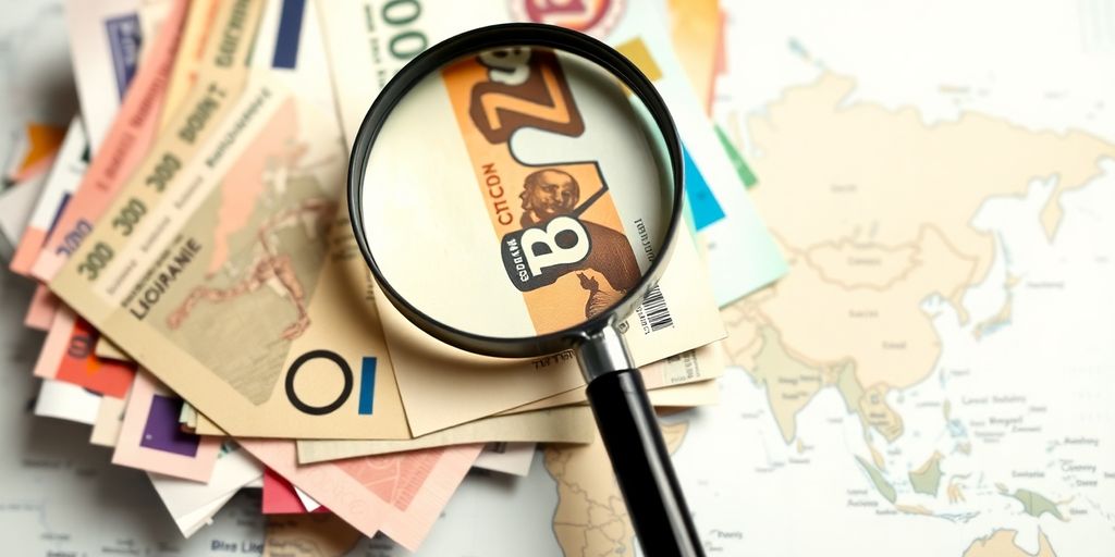 International currencies, magnifying glass, global map