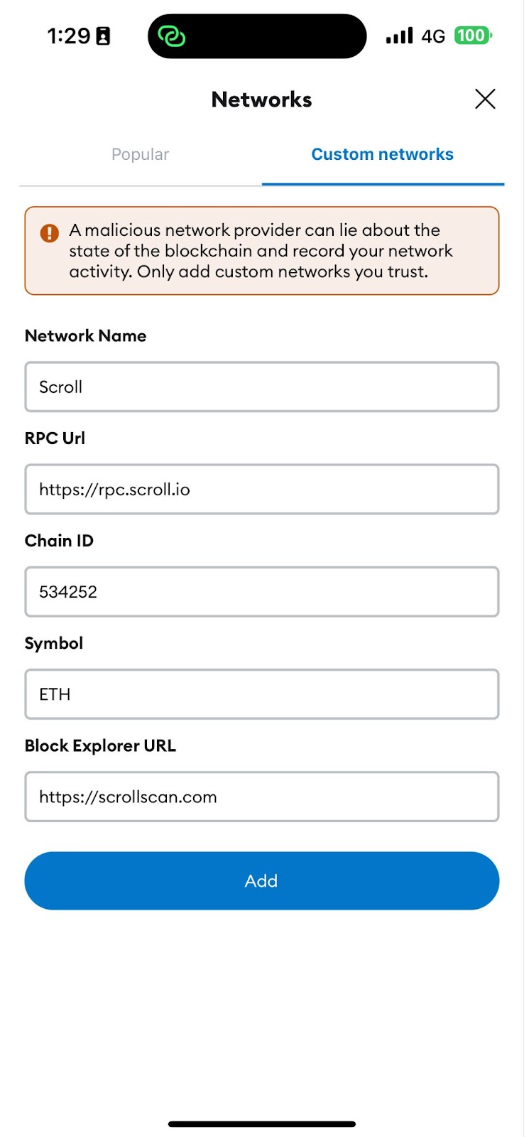 Adding Scroll to MetaMask Mobile Wallet