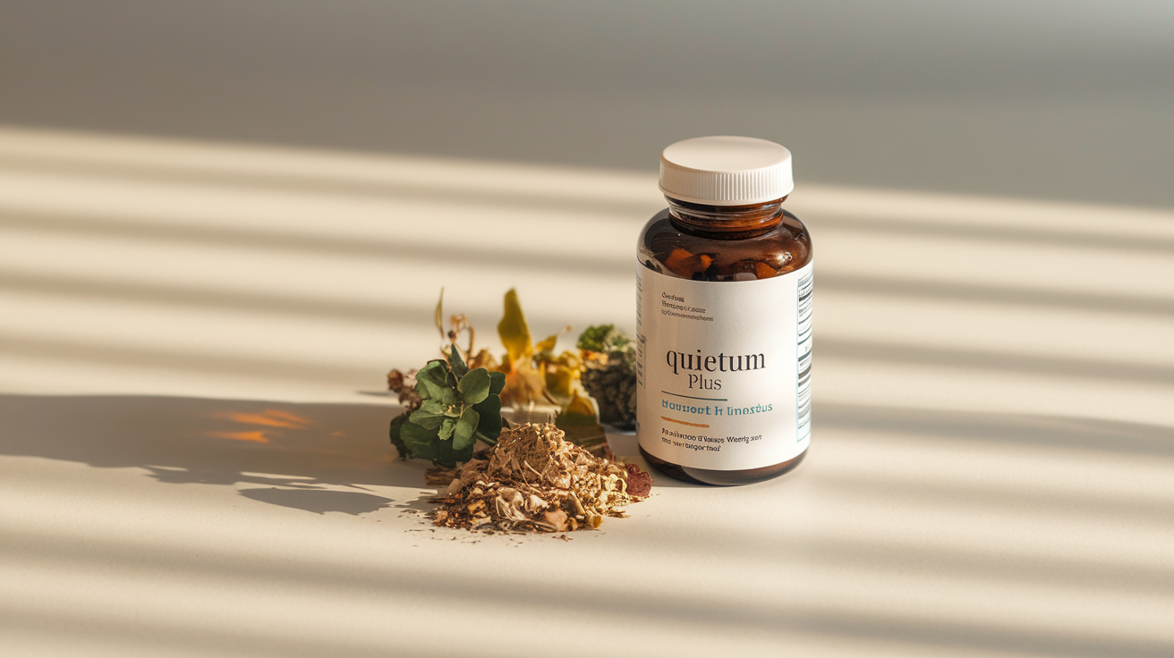 Create a realistic image of a bottle of Quietum Plus supplement with its label clearly visible, sitting next to a small pile of natural ingredients like herbs and plants, on a clean white surface with soft, warm lighting that creates a clinical yet comforting atmosphere, suggesting a natural remedy for tinnitus.