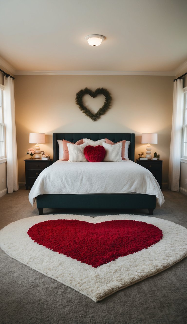 A heart-shaped rug sits in the center of a cozy master bedroom, surrounded by romantic decor and soft lighting