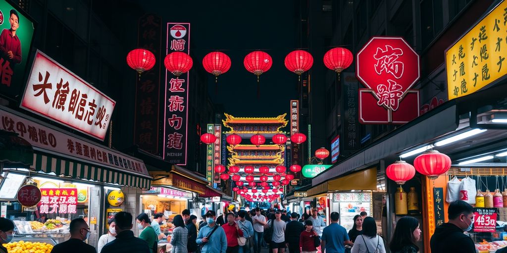 Wangfujing Street night market with food stalls and lights