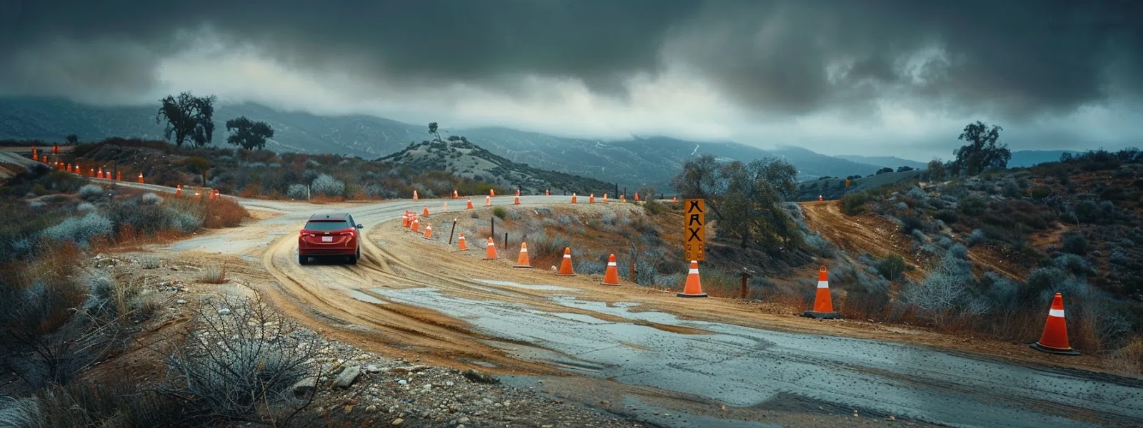 a car navigating through a winding rural road under a stormy sky, passing through a construction zone with caution signs and orange cones.