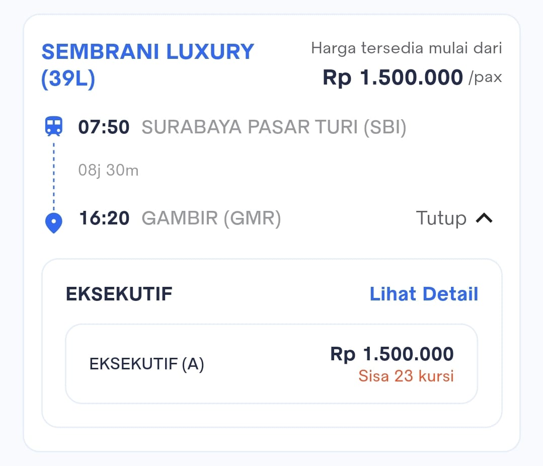 Harga Tiket KA Sembrani Luxury (39L) Surabaya Pasar Turi (SBI) — Gambir (GMR)