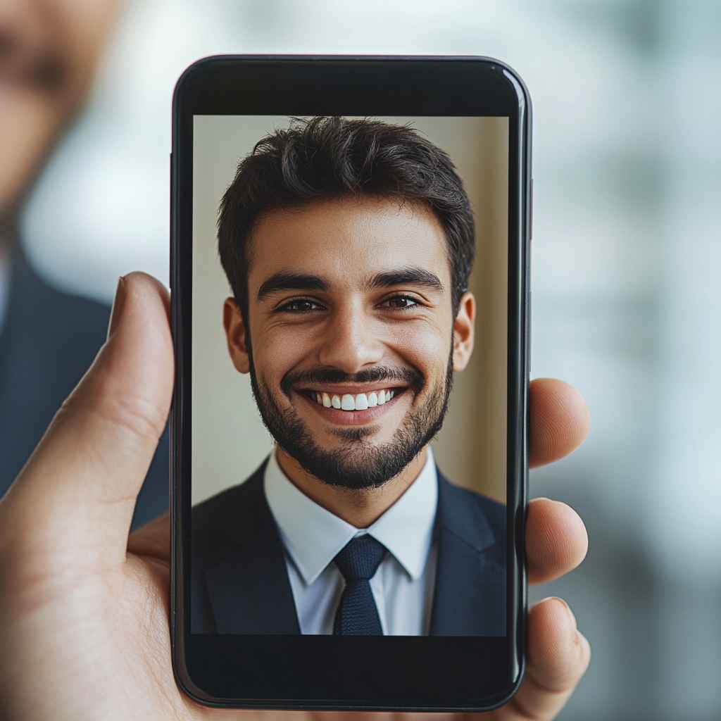 A candidate is smiling on a mobile screen.
