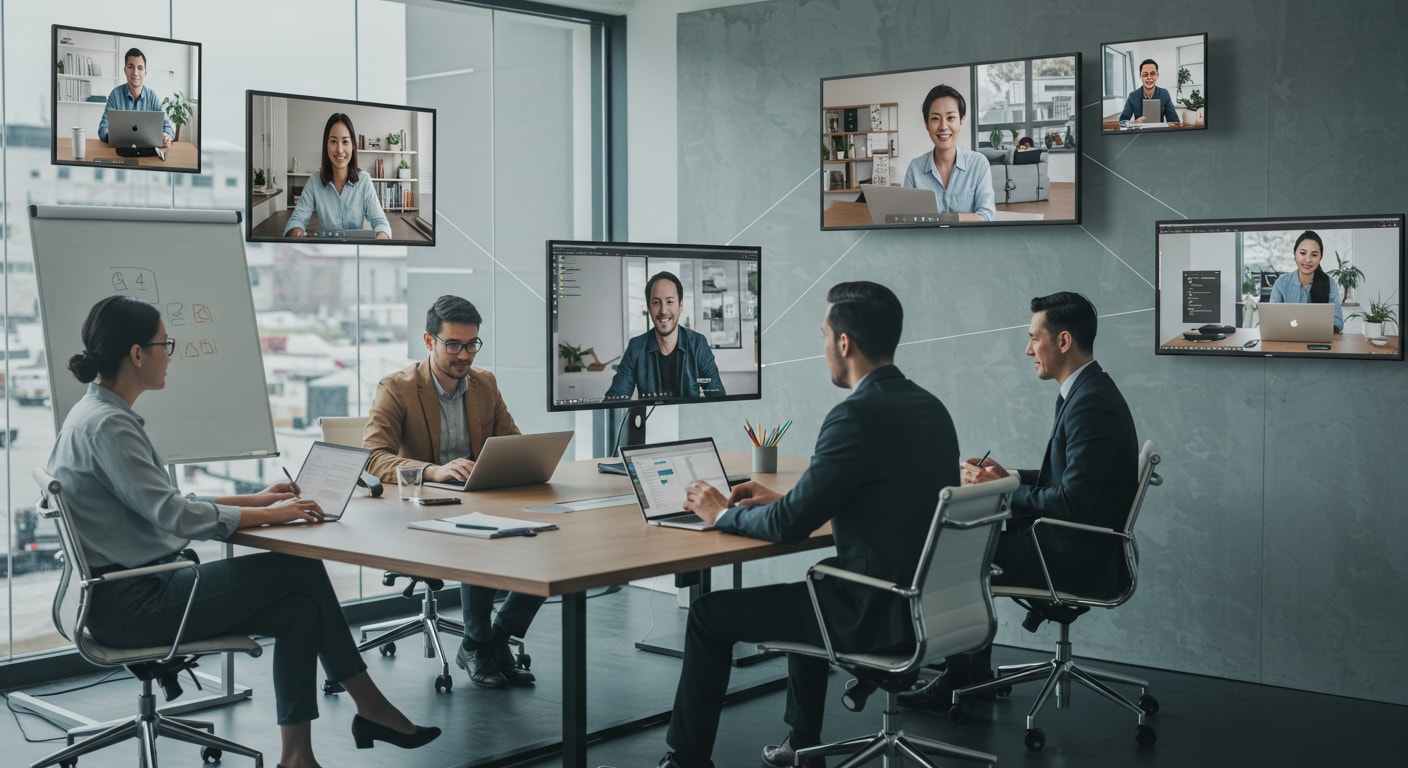 Business professionals collaborating across multiple locations through unified communications technology.